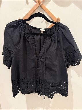 a new day Black Eyelet Tie-Front Peasant Top
